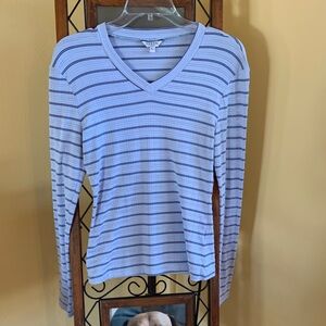Guess Light Blue Striped Long Sleeve V-Neck Top